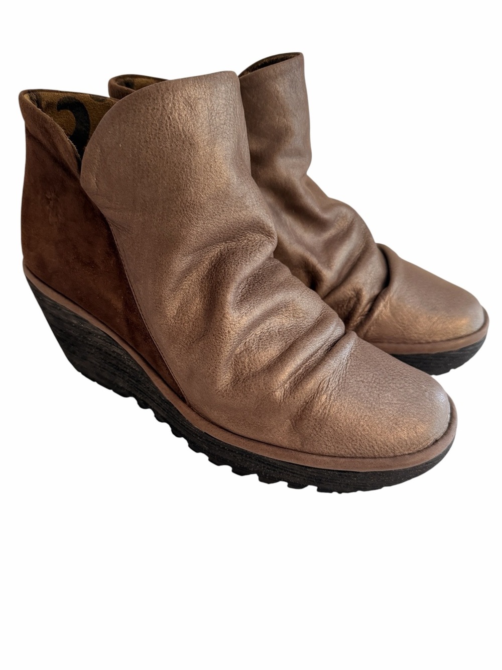 Fly London "Yip" Wedge Ankle Booties Brown/Subtle Metallic Leather 39W(8/8.5W)